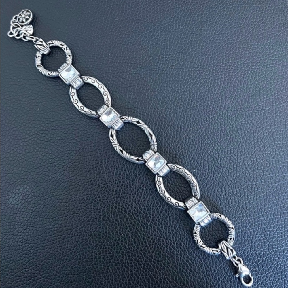 Brighton Oval Five Link Bracelet Large Square Crystals Floral Bamboo Design EUC